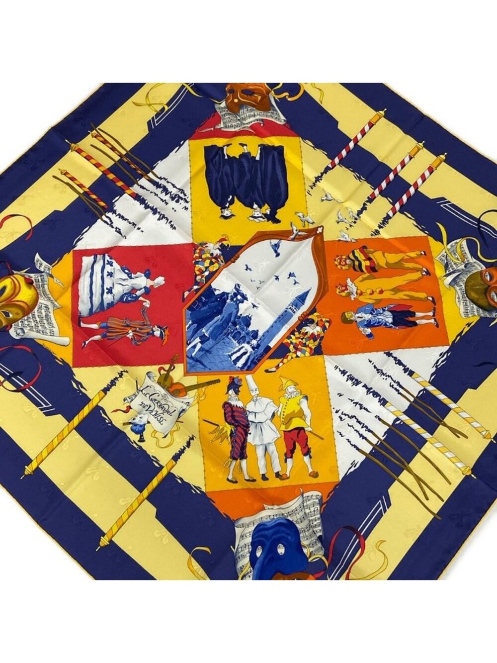Hermes Scarf Carre 90 Navy Light Yellow Multi le Carnaval de Venise
